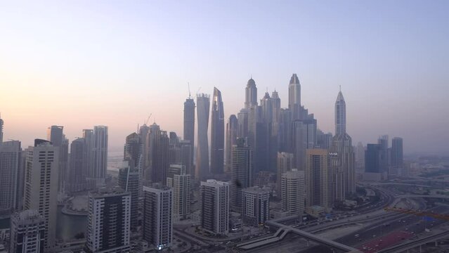 Dubai aerial view of Dubai Marina at sunset