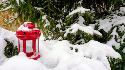 Red lantern on branches of spruce covered with snow