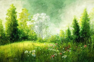 Green landscape forest background with lawn and flowers.