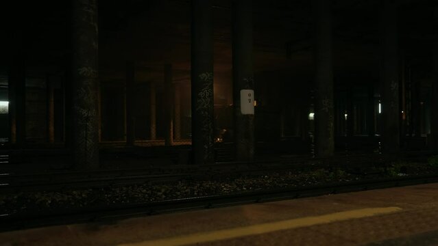 Abandoned railway / subway platform. Ghetto. Rainy autumn foggy weather in the night city. Gotham city mood. Cinematic style. Dungeon columns and dim light. Graffiti on the walls. Moody weather. Dark 