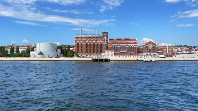 View from a boat over Tejo power station beside MAAT Museum in Lisbon, Portugal