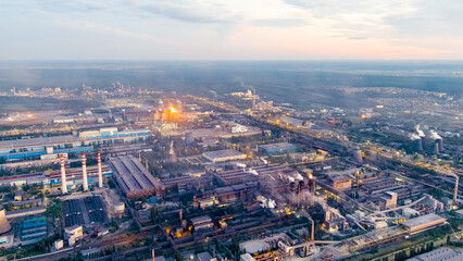 Fototapeta na wymiar Lipetsk, Russia. Iron and Steel Works. Left Bank District. Time after sunset, Aerial View
