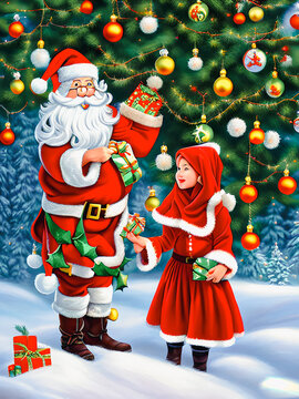 Artistic concept painting of santa claus with gifts in winter