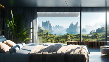 Luxury bed room with beautiful view, wallpaper