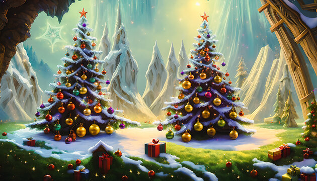 Artistic concept painting of a beautiful christmas tree in eve time.