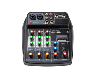 Audio mixer console and clipping path isolated on white background.