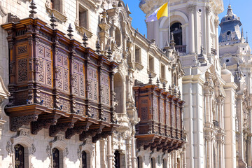 Lima, Peru, Archbishop Palace on colonial Central plaza Mayor or Plaza de Armas in historic center.