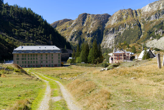 Scenic view of famous mountain hamlet Gletsch, Canton Valais, on a sunny late summer day. Photo taken September 12th, 2022, Gletsch, Switzerland.