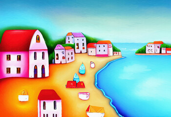 Village by the sea, digital painting naive whimsical art