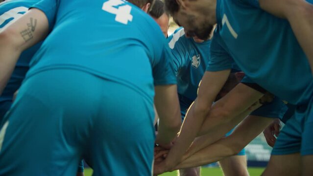 Professional Football Team Training, Tactical Coaching, Game Start, Stack Hands and Scream Hooray: Soccer Coach Explains Game Strategy. Trainer Motivates Athletes, Leads to Victory on Championship