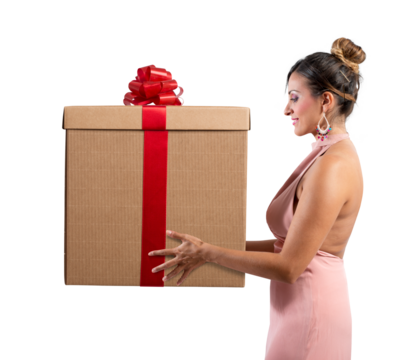woman receives a big gift for christmas - Powered by Adobe