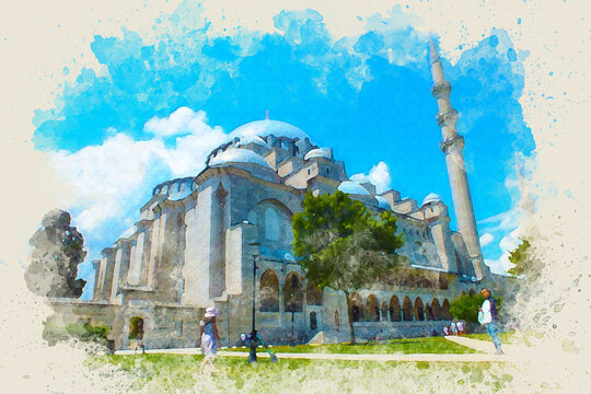 Suleymaniye Mosque watercolor painting sketch photo effect, Istanbul, Turkey.