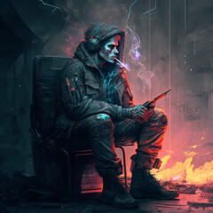 Fototapeta na wymiar Stalker smoking a cigarette in cyberpunk style