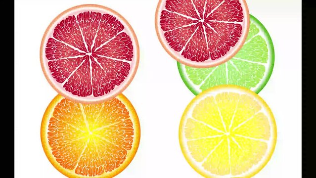 Juicy fruit circles spin, appear and disappear, fall into the water. Orange, red, yellow, green fruit.