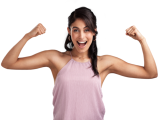 PNG Shot of a beautiful young woman looking cheerful  and flexing her arms while standing against a pink background