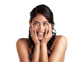 Fototapeta premium PNG Shot of a beautiful young woman pondering with her hands rested her chin and face against a pink background