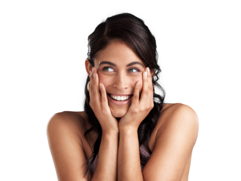 PNG Shot of a beautiful young woman pondering with her hands rested her chin and face against a pink background