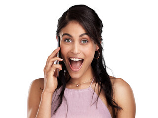 PNG Shot of a beautiful young woman looking surprised while talking on a mobile phone against a pink background