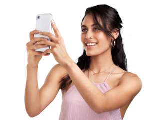 PNG Shot of a beautiful young woman holding up her mobile phone to take a selfie against a pink background