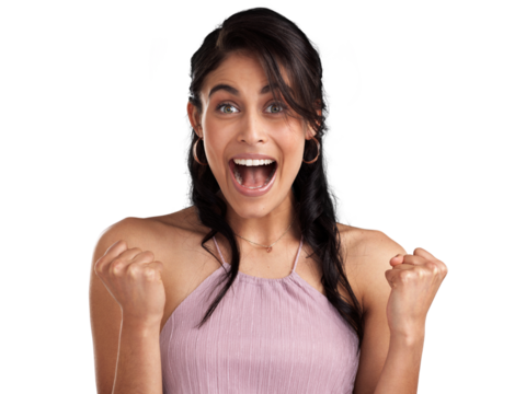PNG Shot of a beautiful young cheerful woman celebrating against a pink background