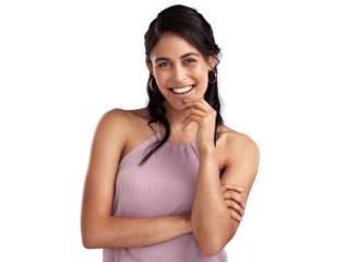 PNG Shot of a beautiful young cheerful woman with her arms folded and her hand resting on her chin against a pink background