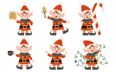 Set of christmas elves. Little Santa's helpers with holiday gifts, ringing xmas bell, lights, candy, cup. Dwarf little fantasy helper. Elf for party invitations or greeting cards. Flat vector. 