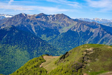 View on the Pyrénées mountain range from the summit of Tuc de l'étang, a peak near Mourtis ski resort in the south of France