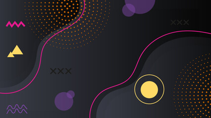 Abstract black background with geometric basic shapes pattern and memphis pop art style. Memphis geometry vector. Colorful shapes pattern, texture and funky color patterns abstract vector backgrounds