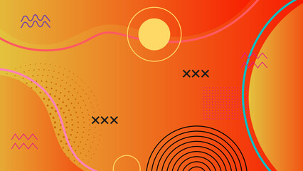 Memphis geometry background with orange gradient color and geometric shapes. Colorful shapes pattern, vivid coloring texture and funky color patterns abstract vector backgrounds