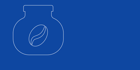 A large white outline instant coffee symbol on the left. Designed as thin white lines. Vector illustration on blue background