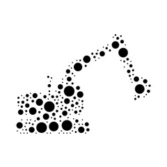 A large excavator symbol in the center made in pointillism style. The center symbol is filled with black circles of various sizes. Vector illustration on white background