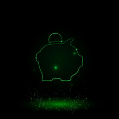 A large green outline piggy bank symbol on the center. Green Neon style. Neon color with shiny stars. Vector illustration on black background