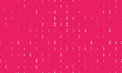 Seamless background pattern of evenly spaced white sigma symbols of different sizes and opacity. Vector illustration on pink background with stars