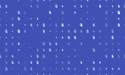 Seamless background pattern of evenly spaced white travel backpack symbols of different sizes and opacity. Vector illustration on indigo background with stars