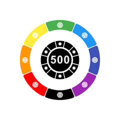 A large black poker chip symbol in the center, surrounded by eight white symbols on a colored background. Background of seven rainbow colors and black. Vector illustration on white background