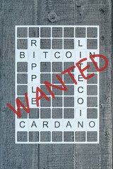 Mots croisés avec les mots Ripple, Bitcoin, Litecoin, Cardano, barrée du mot Wanted en rouge.  Concept de message sur la cryptomonnaie sur une grille de mots croisés.