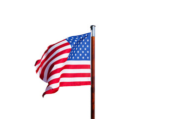 USA flag isolate. Waving flag of the United States of America on a flagpole on an empty white background.