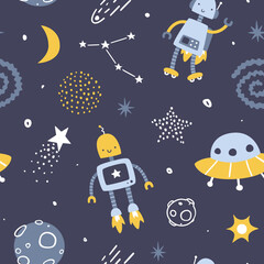 Cute space pattern with robots for kids. Seamless cosmic vector print for baby textile and fabric.