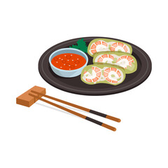 Vietnamese national cuisine. Spring rolls. Shrimp, vegetables in rice paper. Vector graphic.	