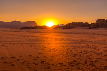 Wadi Rum desert landscape in Jordan at sunset