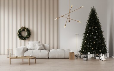Cozy christmas living room decorated big christmas pine tree, decorations, garlands, candles, grey sofa, gifts and presents under the tree. Template,background for card. Christmas wreath on the wall