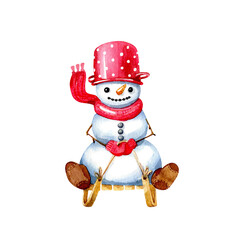 Fanny snowman, watercolor illustration. Сute snowman dressed in a scarf, mittens and a pot-hat is rolling on a sled. Christmas card. - 550603900
