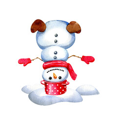 Fanny snowman dressed in a scarf, mittens and a pot-hat, stands on his head in a snowdrift. Watercolor cartoon illustration. Christmas card. - 550603907