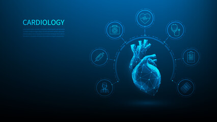 cardiology medical health care technology hologram. human heart treatment digital low poly. on dark blue background. innovation medicine with icon concept. vector illustration fantastic wireframe. - obrazy, fototapety, plakaty