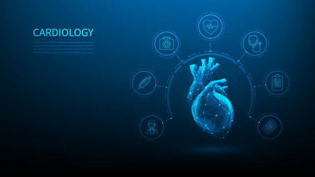 cardiology medical health care technology hologram. human heart treatment digital low poly. on dark blue background. innovation medicine with icon concept. vector illustration fantastic wireframe.