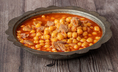 Traditional delicious Turkish foods; Turkish Food Chickpeas with Meat. Turkish name; Etli nohut