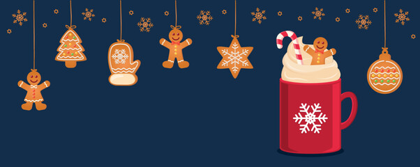 christmas card with hanging gingerbread cookies and cocoa drink