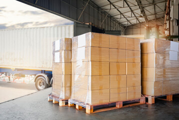 Packaging Boxes Wrapped Plastic Stacked on Pallets Loading into Cargo Container. Distribution Supplies Warehouse. Shipping Trucks. Supply Chain Shipment Boxes. Freight Truck Logistics Cargo Transport	
