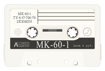 Vector drawing of vintage analog tape cassette. Text translation: "Price 4 rub"