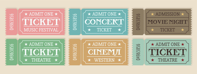 Collection of retro tickets for theater, cinema, concert, festival. - obrazy, fototapety, plakaty